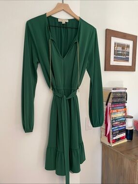 Michael Kors ~ Long Sleeve Emerald Green Tie-Waist Dress